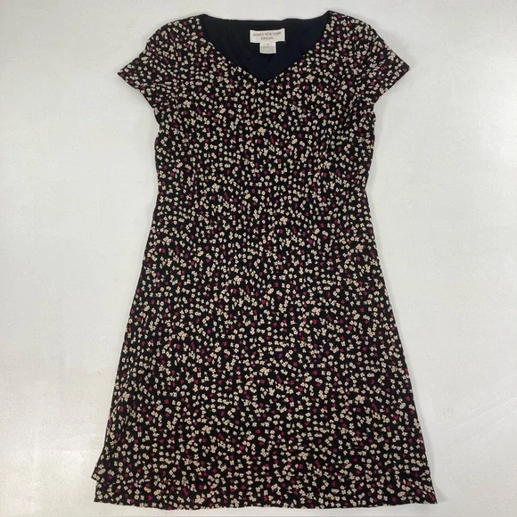 Jones New York Midi Dress Size 12 Women Black Floral Short Sleeve V Neck Pull On - Picture 11 of 16